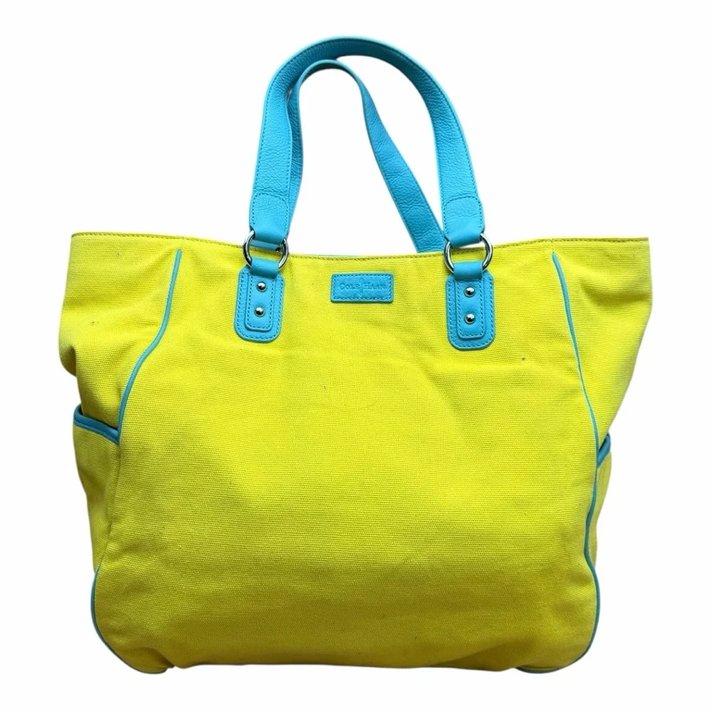 Cole Haan Bright Yellow Canvas Tote with Teal Trim - Women Bags